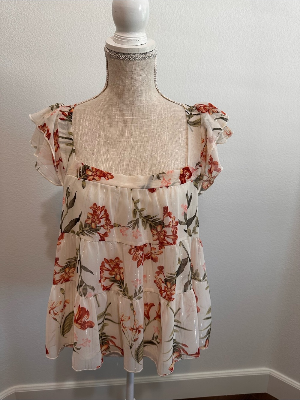Jacquie The Label Cream Floral Tiered Ruffle Square Neck Blouse with Coral Bloom